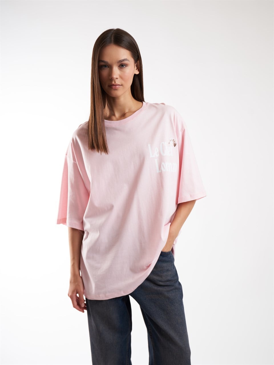 Baskılı Kısa Kol Oversize T-shirt Toz Pembe
