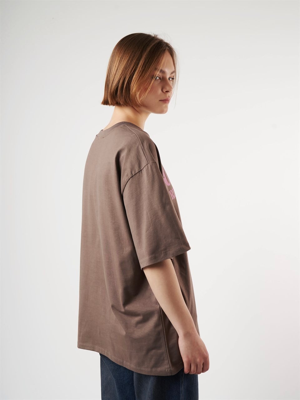 Baskılı Kısa Kol Oversize T-shirt Vizon