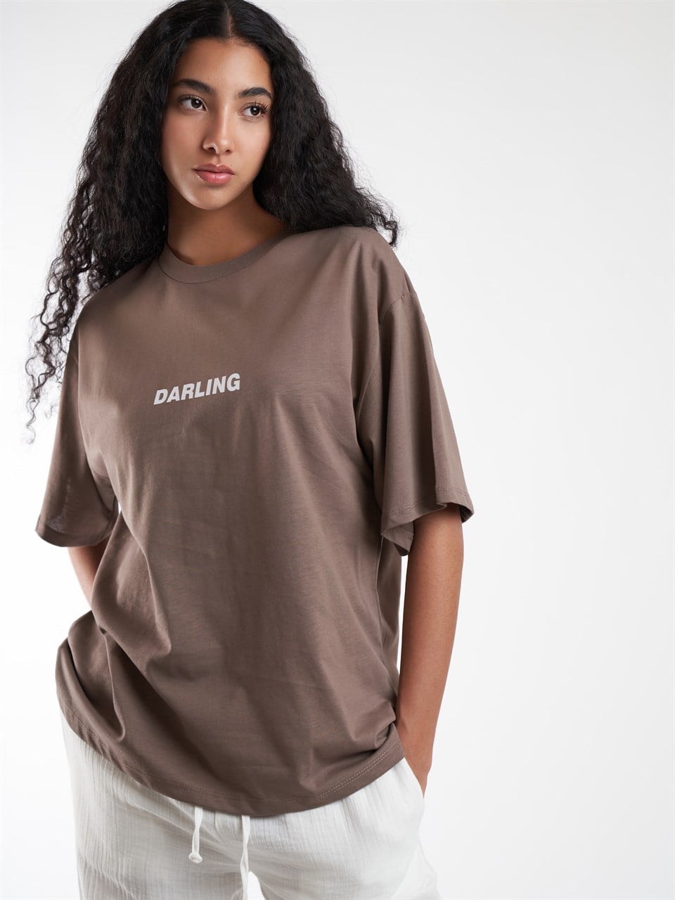 Baskılı Kısa Kol Oversize T-shirt Vizon