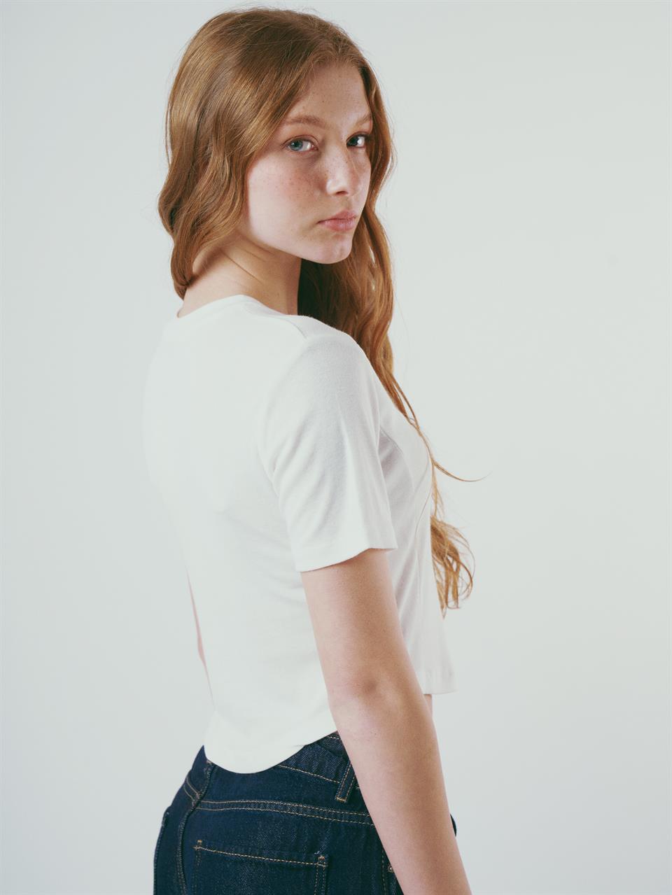 Baskılı Kısa Kol Ribana Bluz Ekru