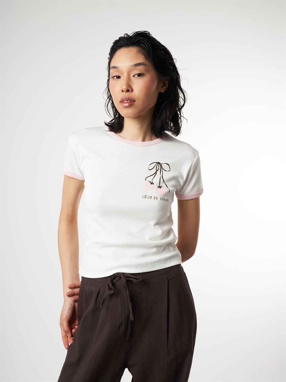 Baskılı Kısa Kol Ribana Bluz Ekru-Pembe