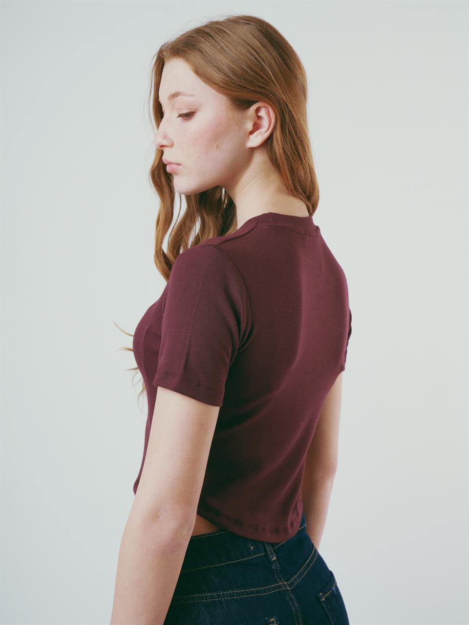 Baskılı Kısa Kol Ribana Bluz Mürdüm