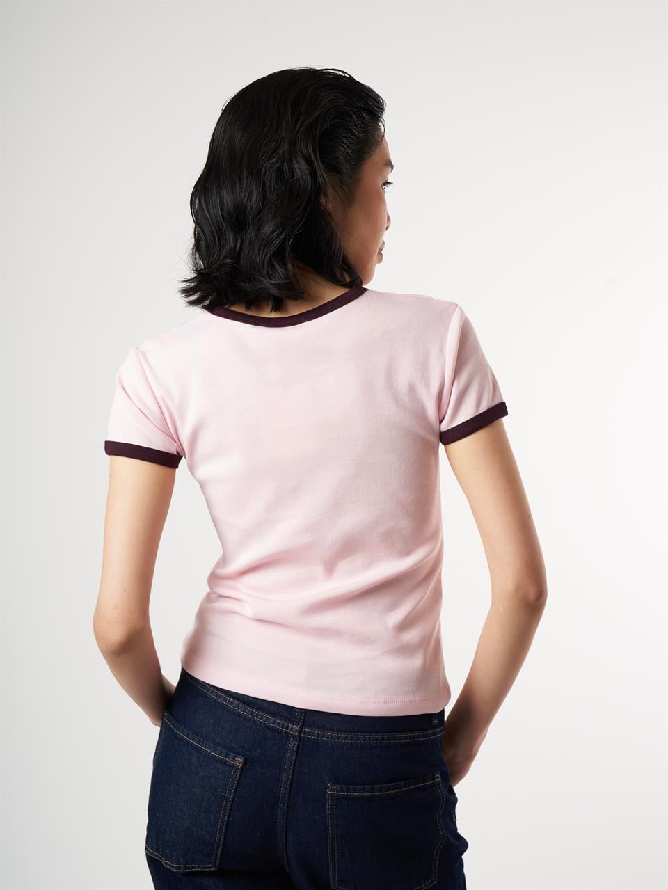 Baskılı Kısa Kol Ribana Bluz Pembe-Mürdüm