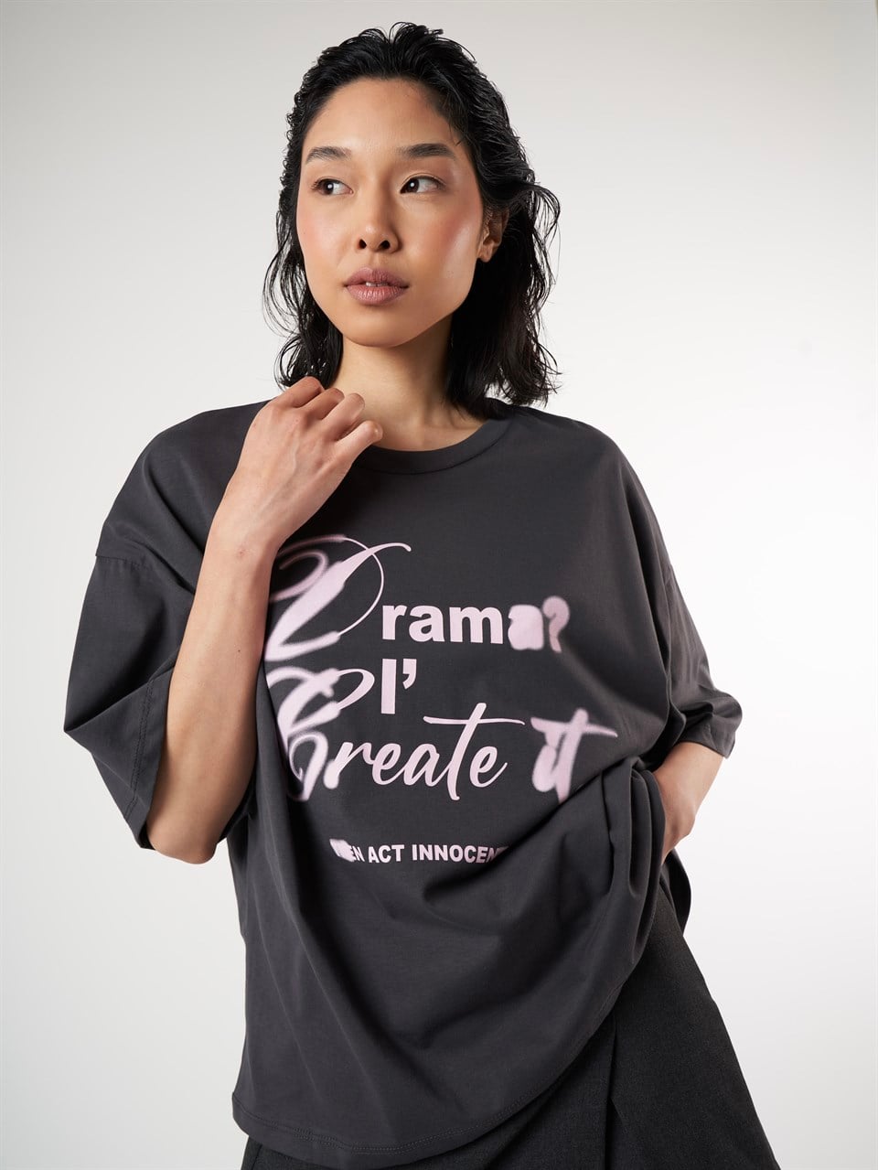 Baskılı Kısa Kol T-shirt Antrasit