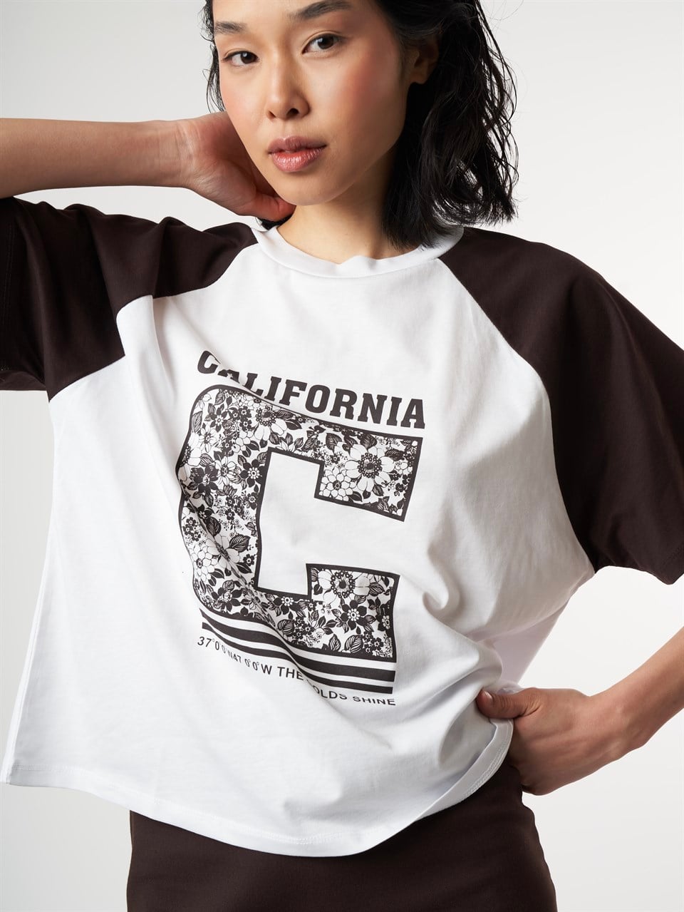 Baskılı Kısa Kol T-shirt Beyaz-Kahve