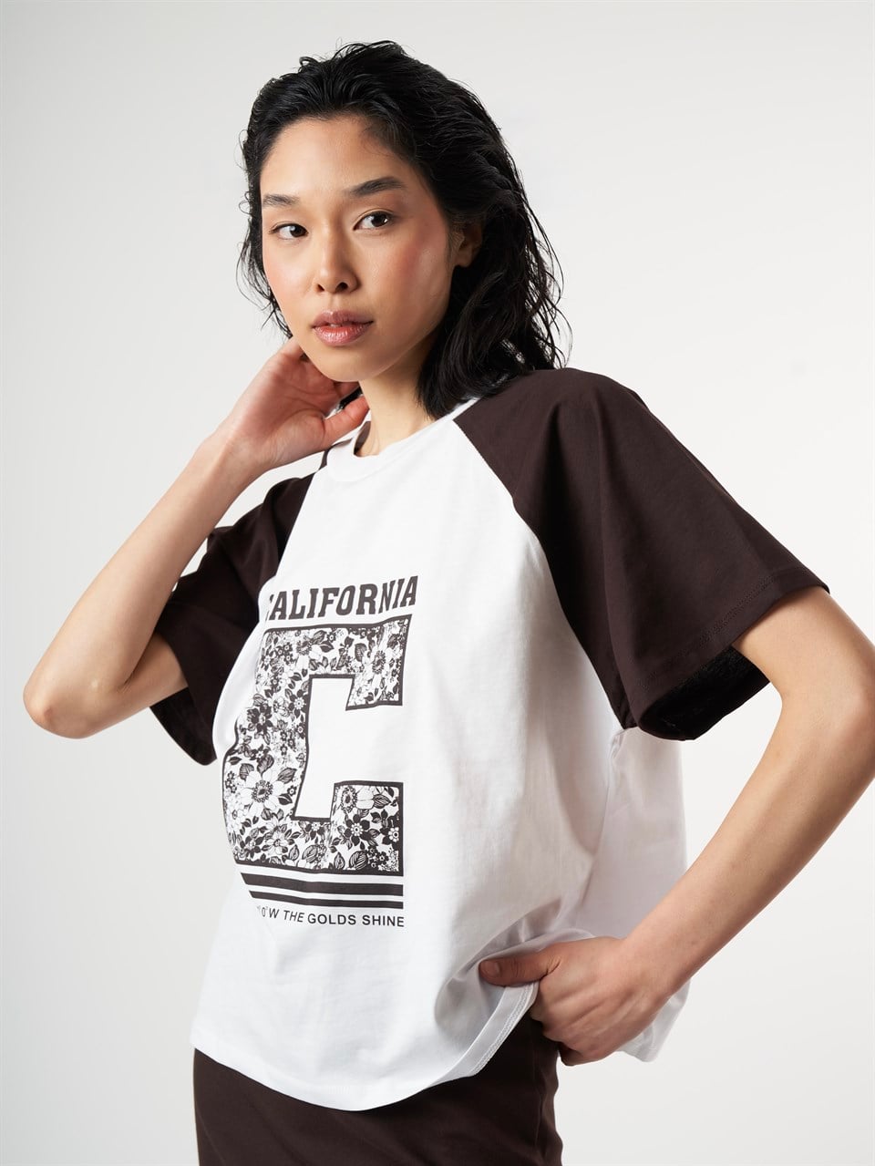 Baskılı Kısa Kol T-shirt Beyaz-Kahve