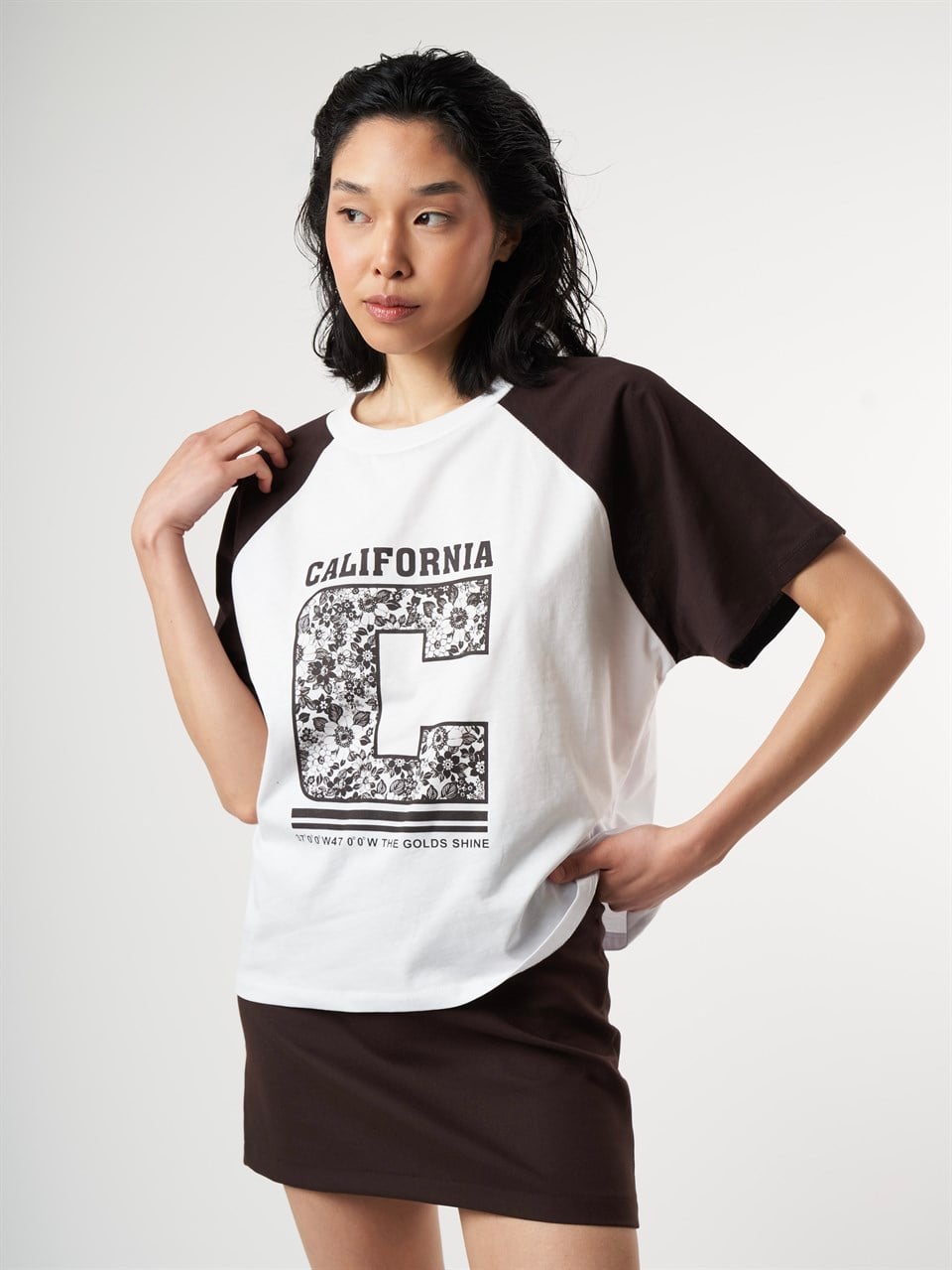 Baskılı Kısa Kol T-shirt Beyaz-Kahve