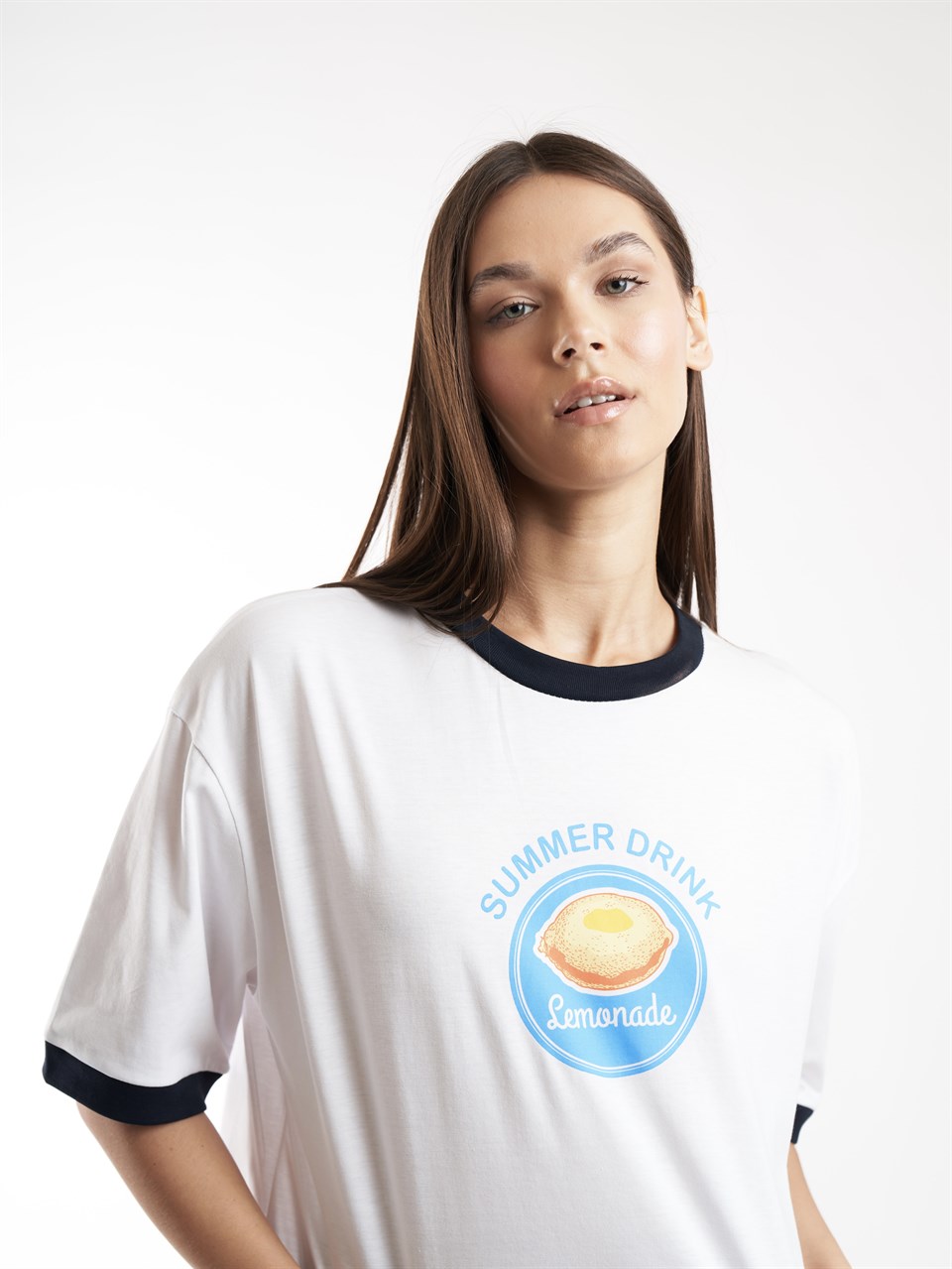 Baskılı Kısa Kol T-shirt Beyaz-Lacivert