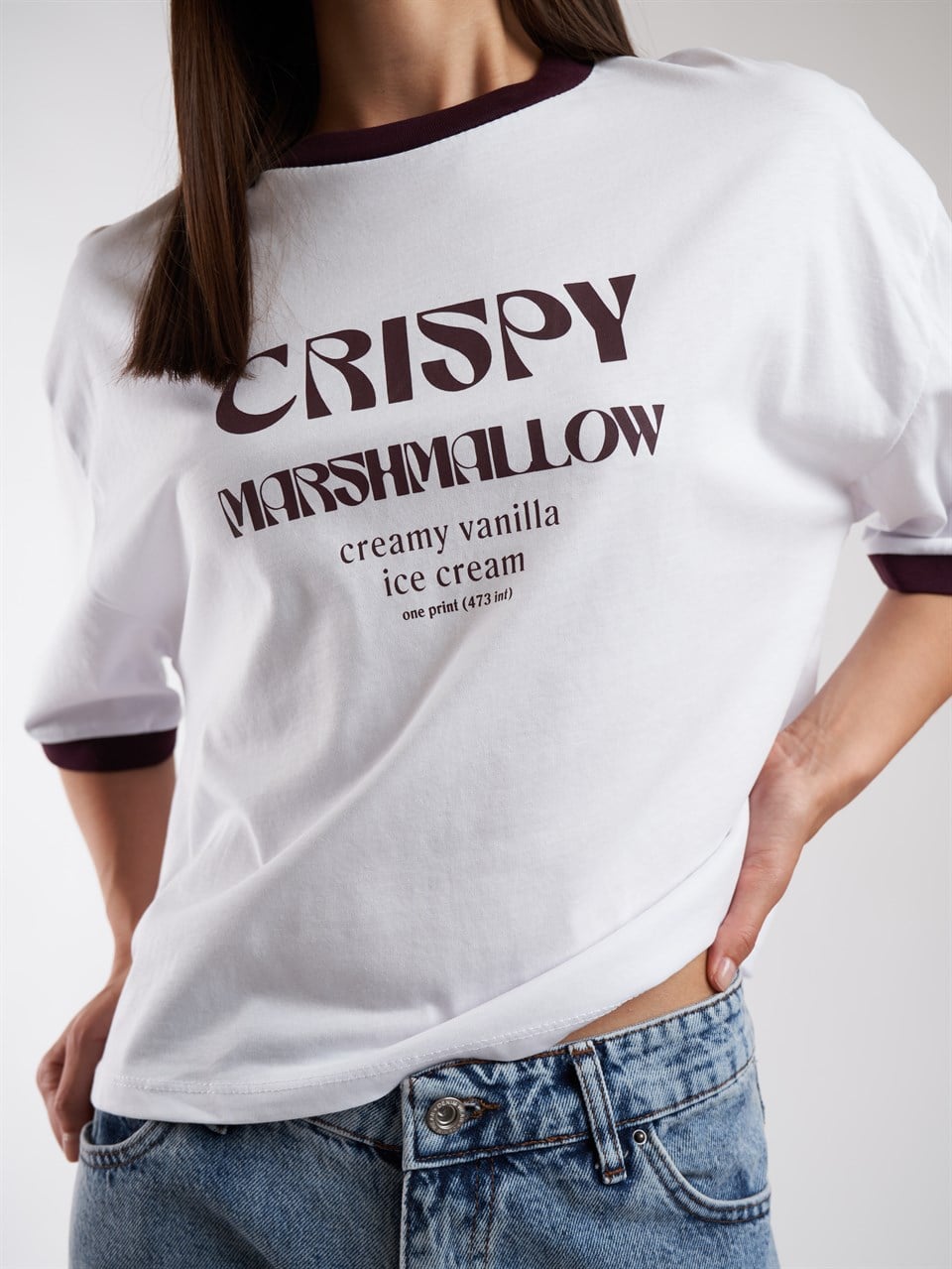 Baskılı Kısa Kol T-shirt Beyaz-Mürdüm
