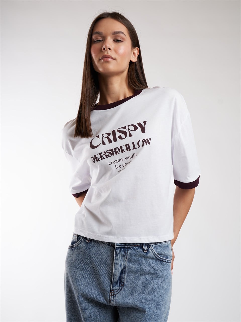 Baskılı Kısa Kol T-shirt Beyaz-Mürdüm