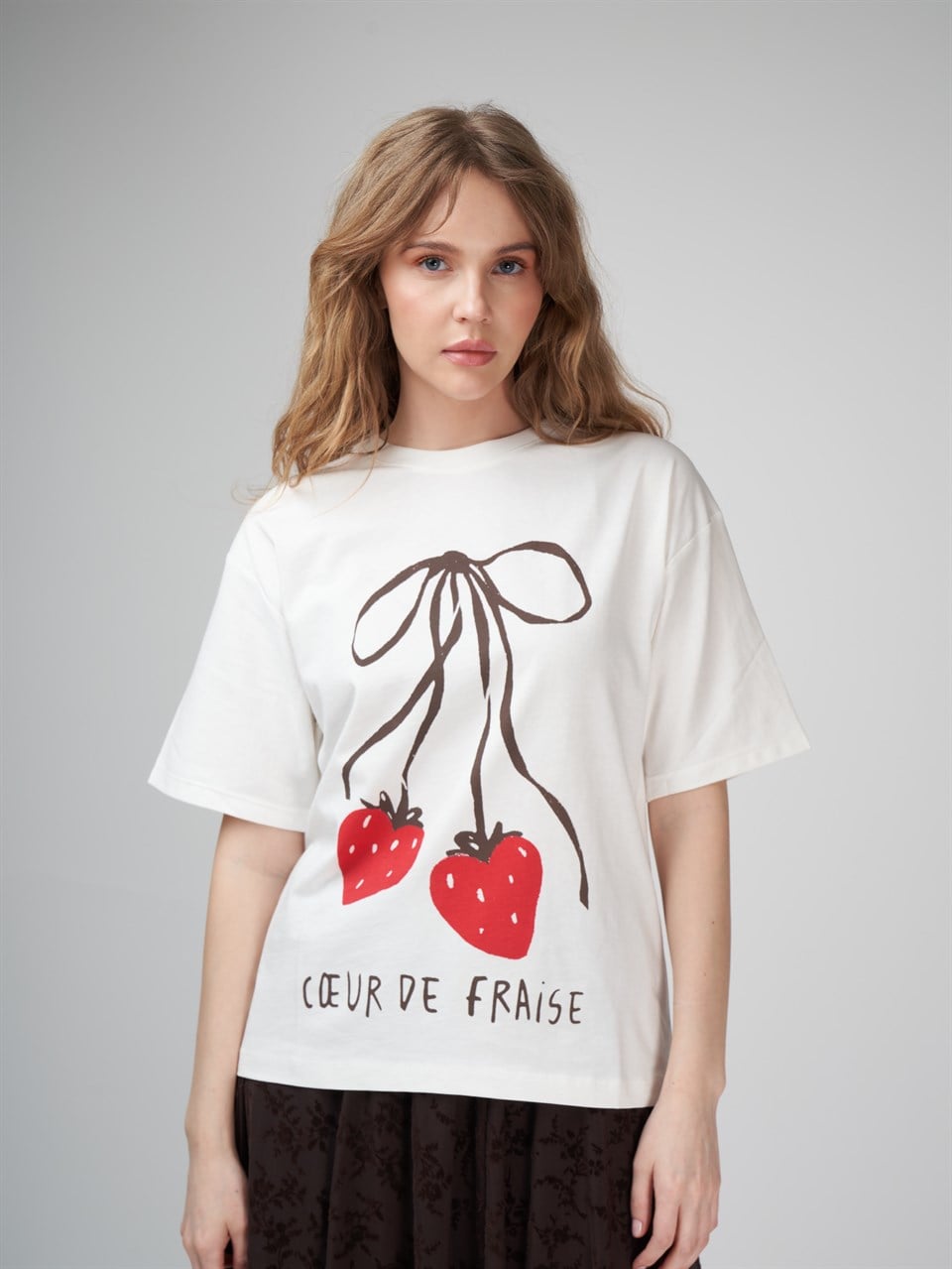 Baskılı Kısa Kol T-shirt Ekru