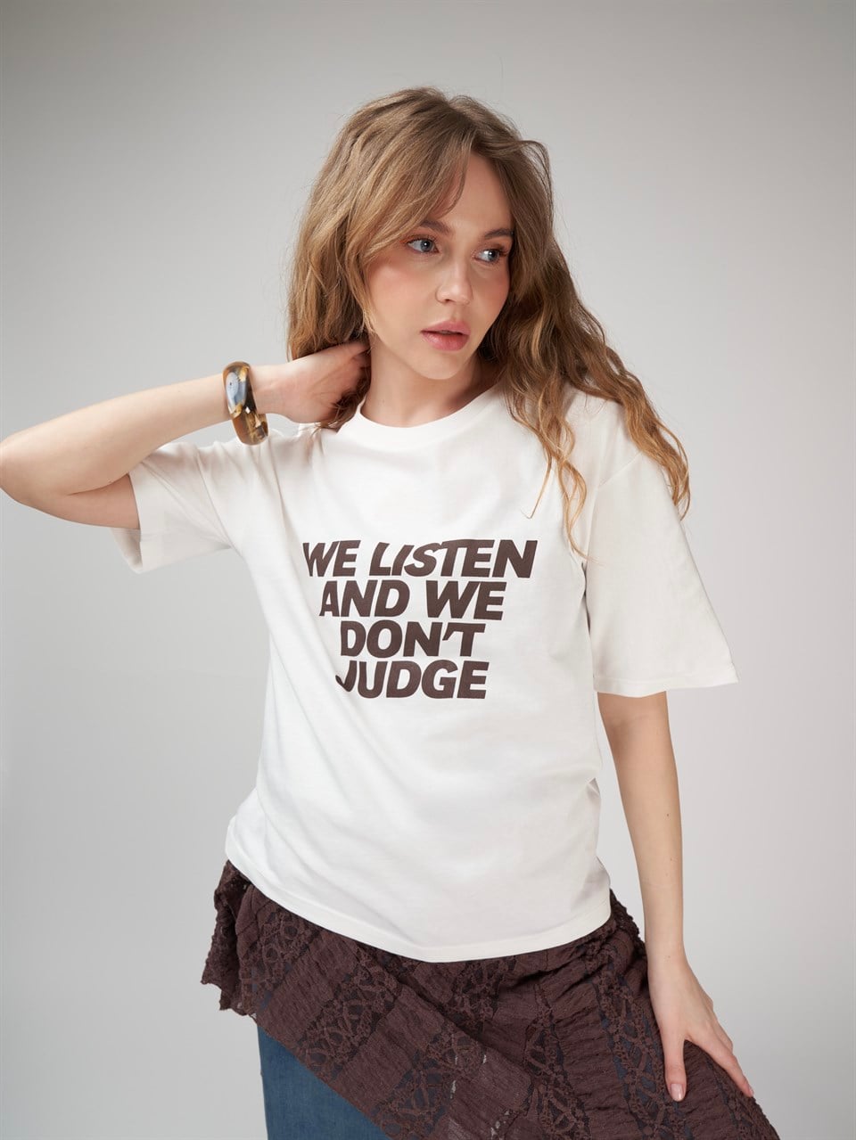 Baskılı Kısa Kol T-shirt Ekru