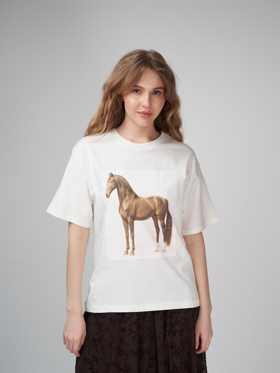 Baskılı Kısa Kol T-shirt Ekru