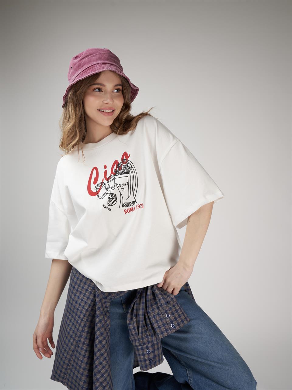 Baskılı Kısa Kol T-shirt Ekru