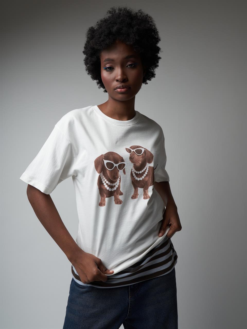 Baskılı Kısa Kol T-shirt Ekru