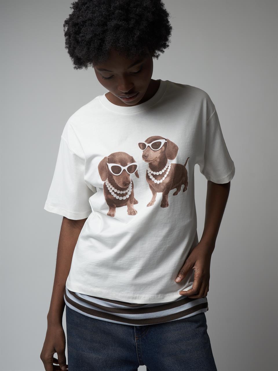 Baskılı Kısa Kol T-shirt Ekru