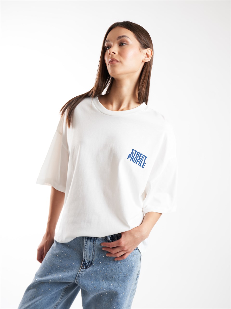 Baskılı Kısa Kol T-shirt Ekru