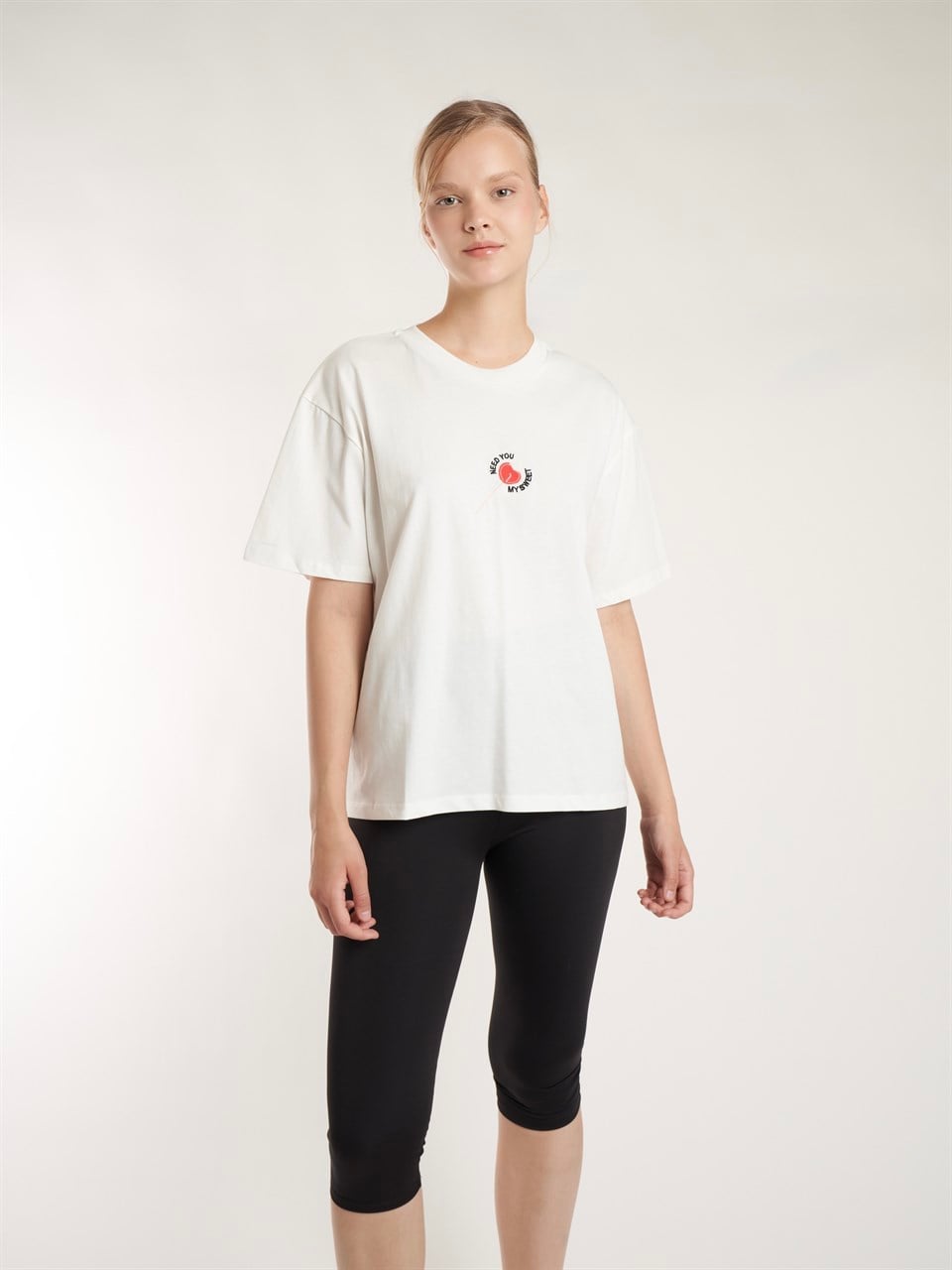 Baskılı Kısa Kol T-shirt Ekru