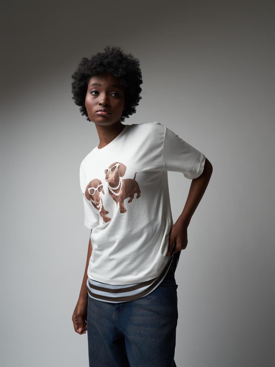 Baskılı Kısa Kol T-shirt Ekru