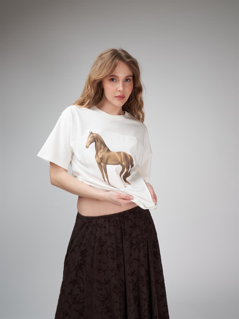 Baskılı Kısa Kol T-shirt Ekru