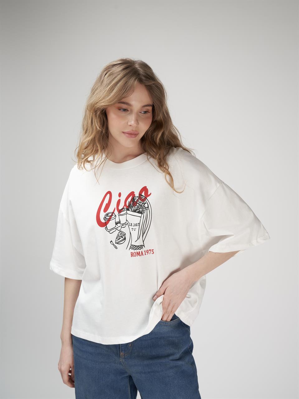 Baskılı Kısa Kol T-shirt Ekru