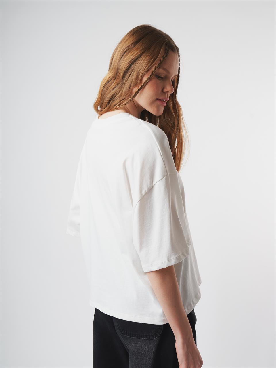 Baskılı Kısa Kol T-shirt Ekru