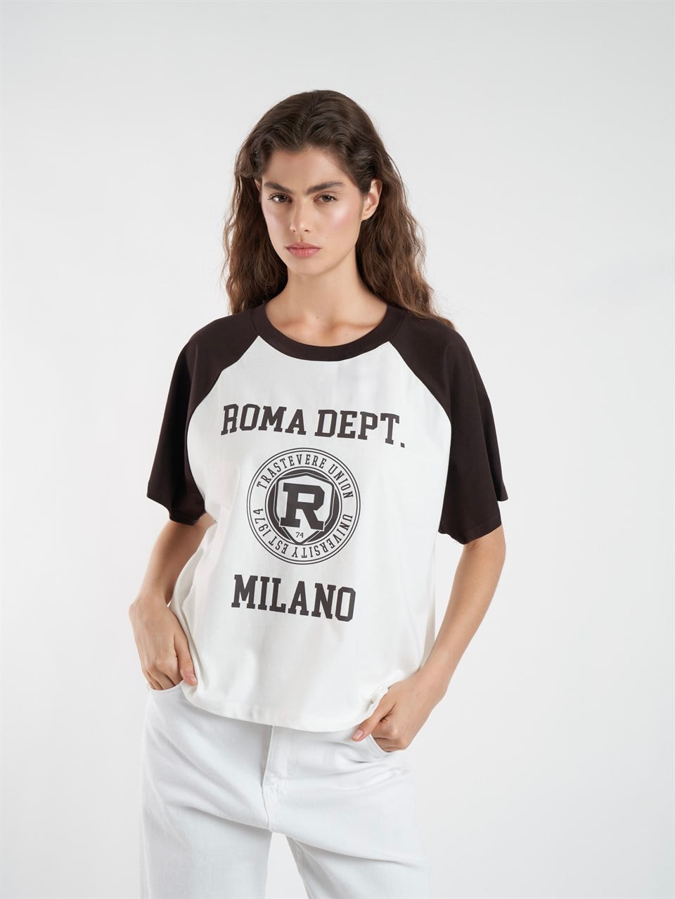 Baskılı Kısa Kol T-shirt Ekru-Kahve