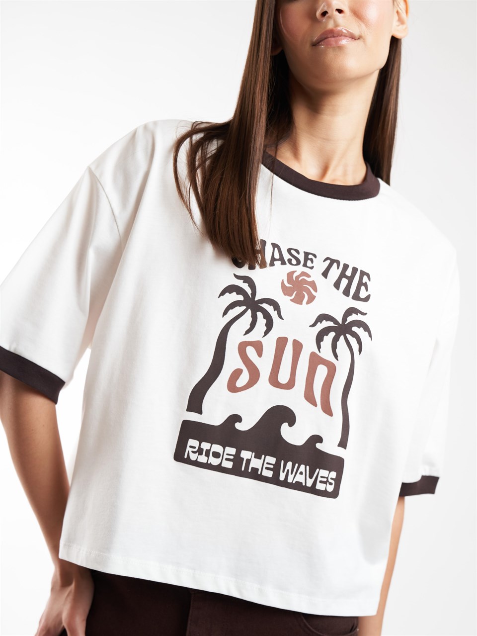 Baskılı Kısa Kol T-shirt Ekru-Kahve