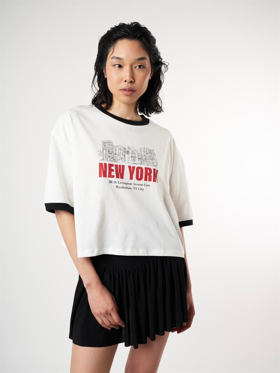 Baskılı Kısa Kol T-shirt Ekru-Siyah