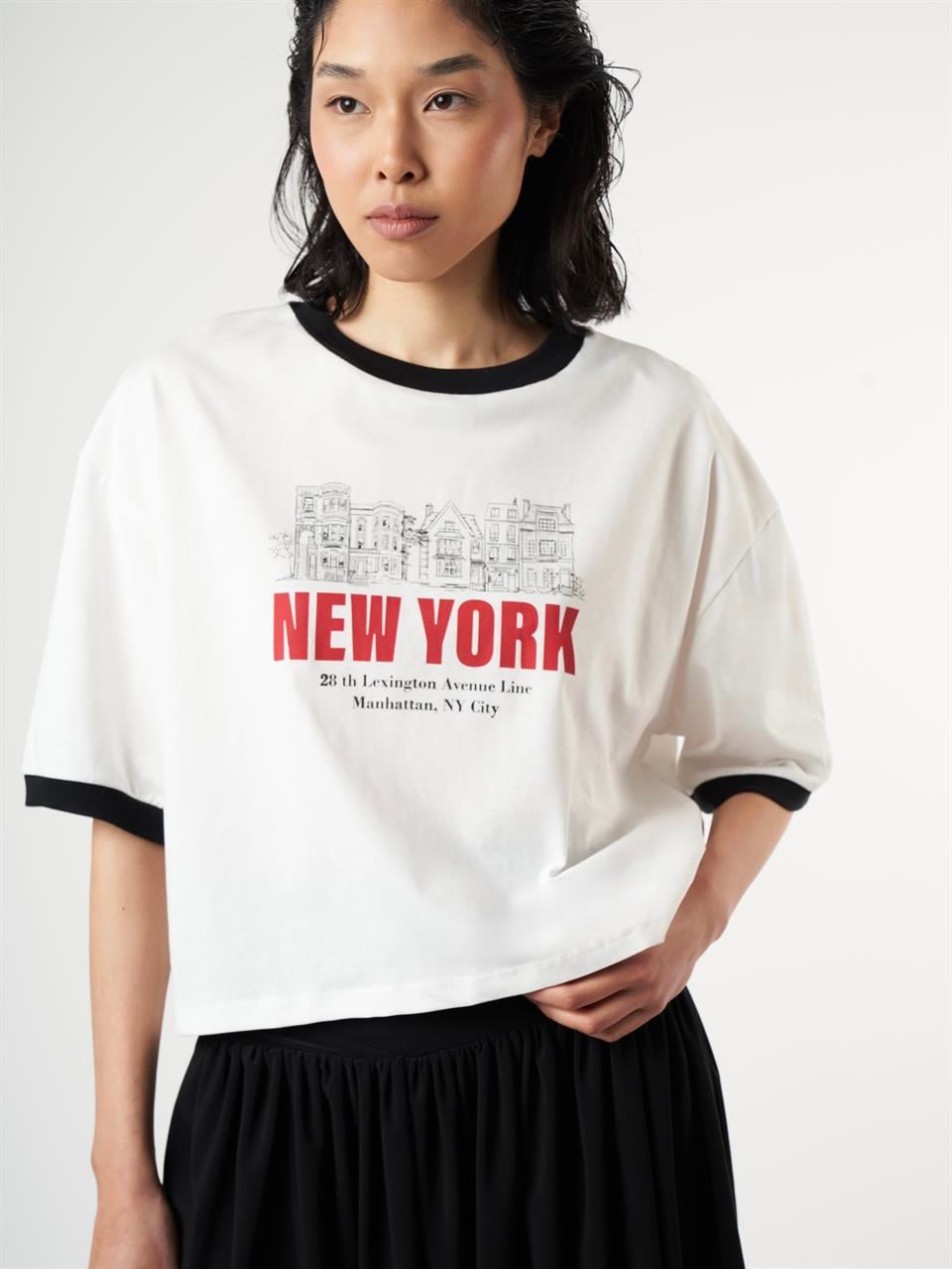 Baskılı Kısa Kol T-shirt Ekru-Siyah
