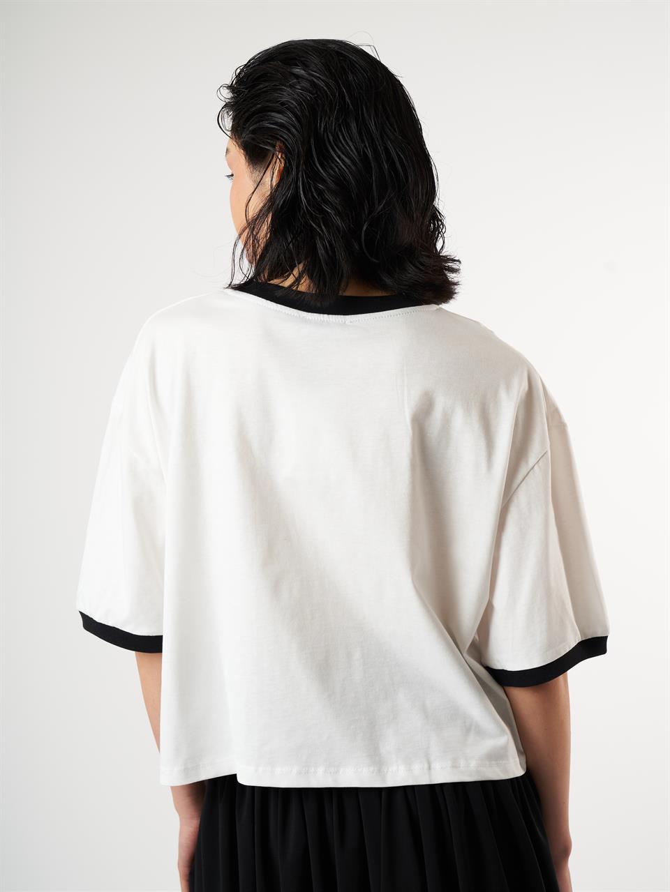 Baskılı Kısa Kol T-shirt Ekru-Siyah