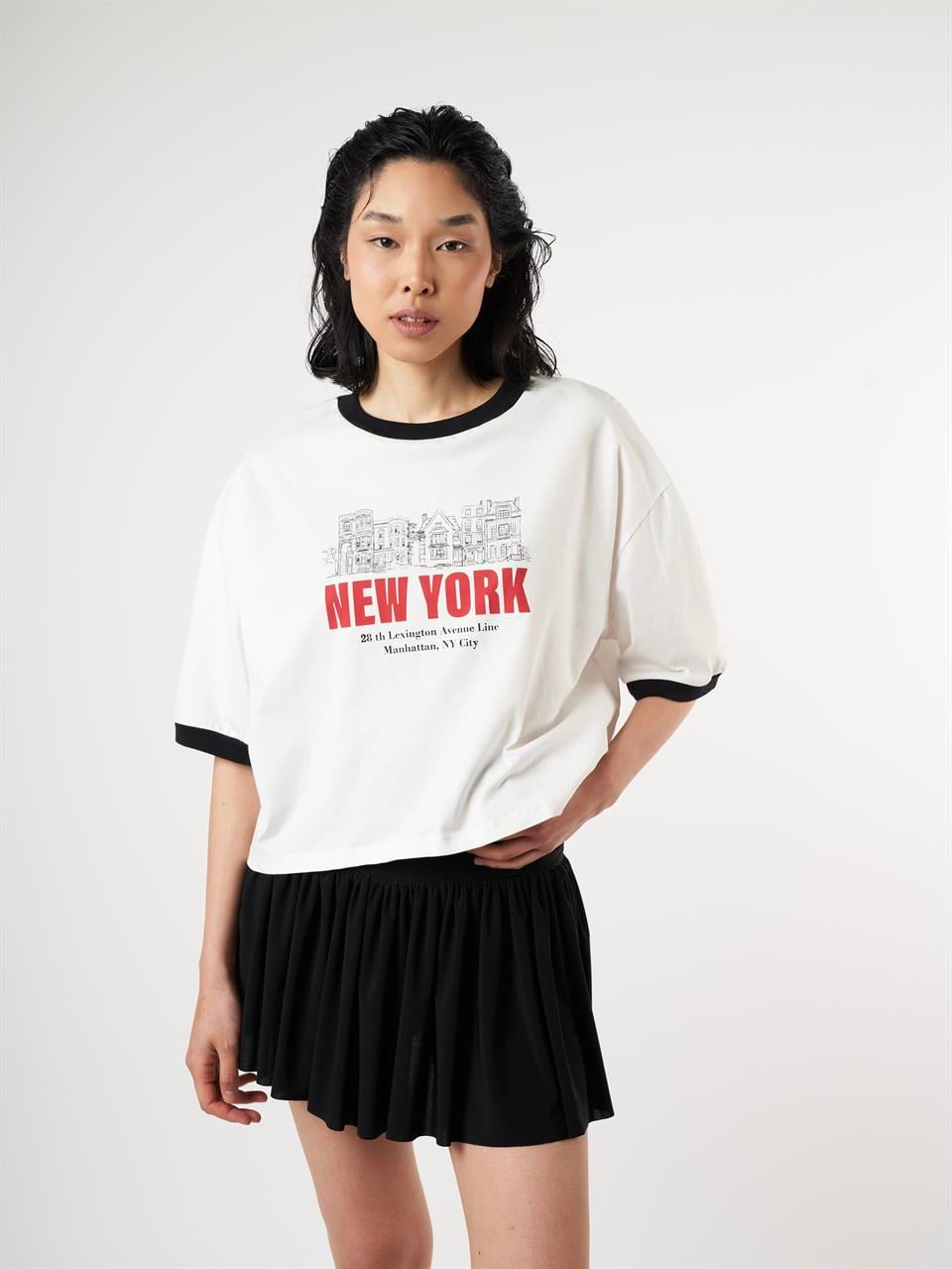Baskılı Kısa Kol T-shirt Ekru-Siyah