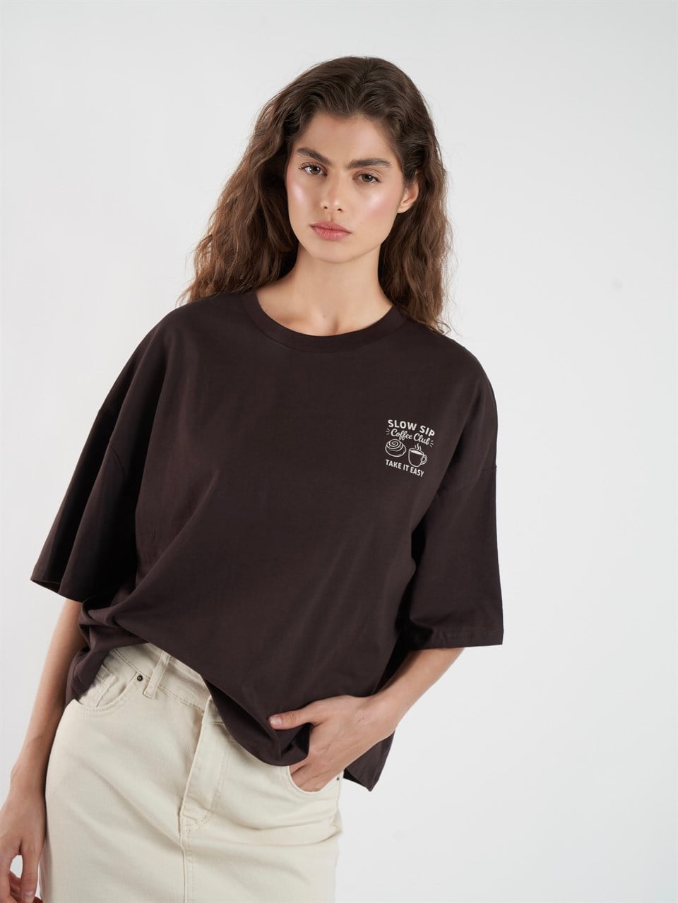 Baskılı Kısa Kol T-shirt Kahve
