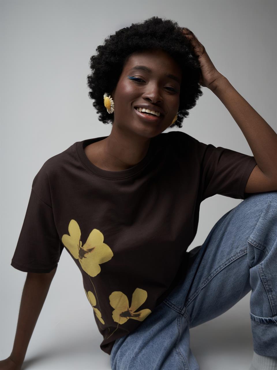 Baskılı Kısa Kol T-shirt Kahve