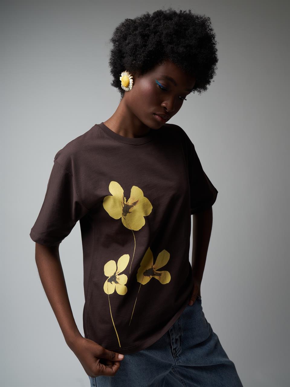 Baskılı Kısa Kol T-shirt Kahve