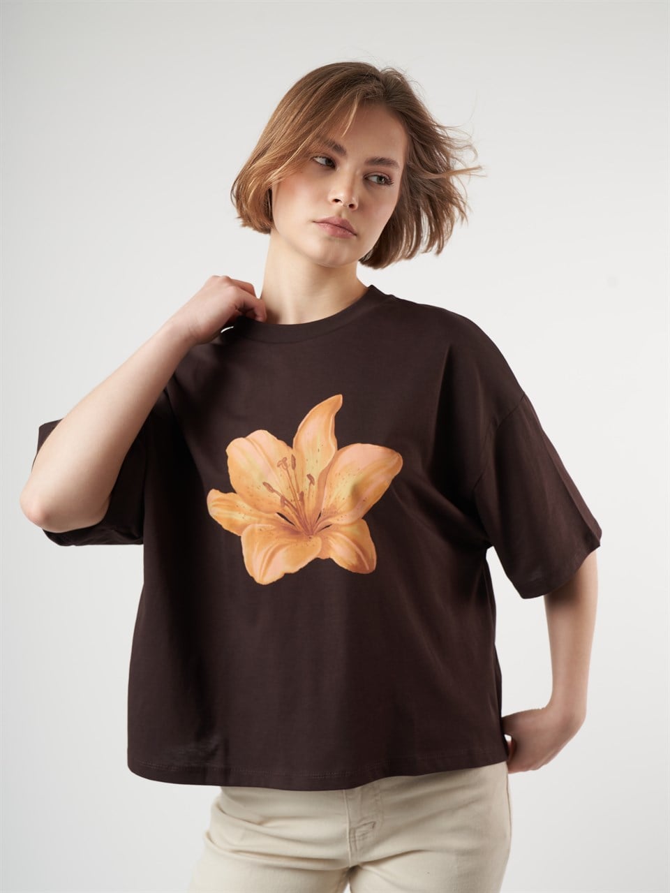 Baskılı Kısa Kol T-shirt Kahve