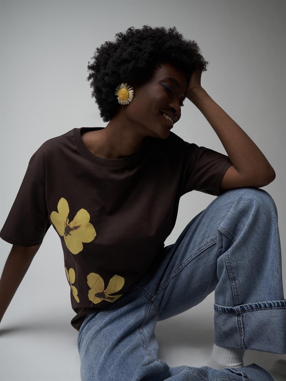 Baskılı Kısa Kol T-shirt Kahve