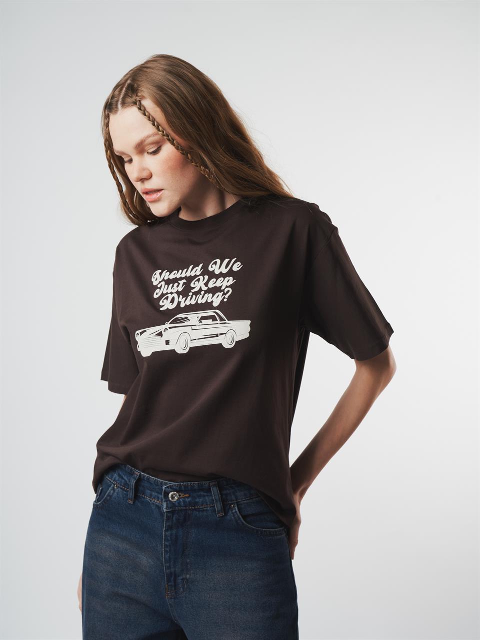 Baskılı Kısa Kol T-shirt Kahve