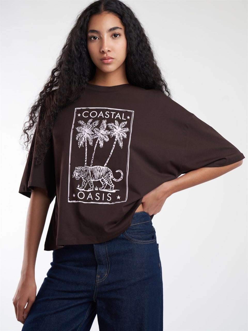 Baskılı Kısa Kol T-shirt Kahve