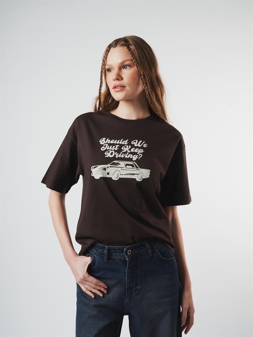 Baskılı Kısa Kol T-shirt Kahve