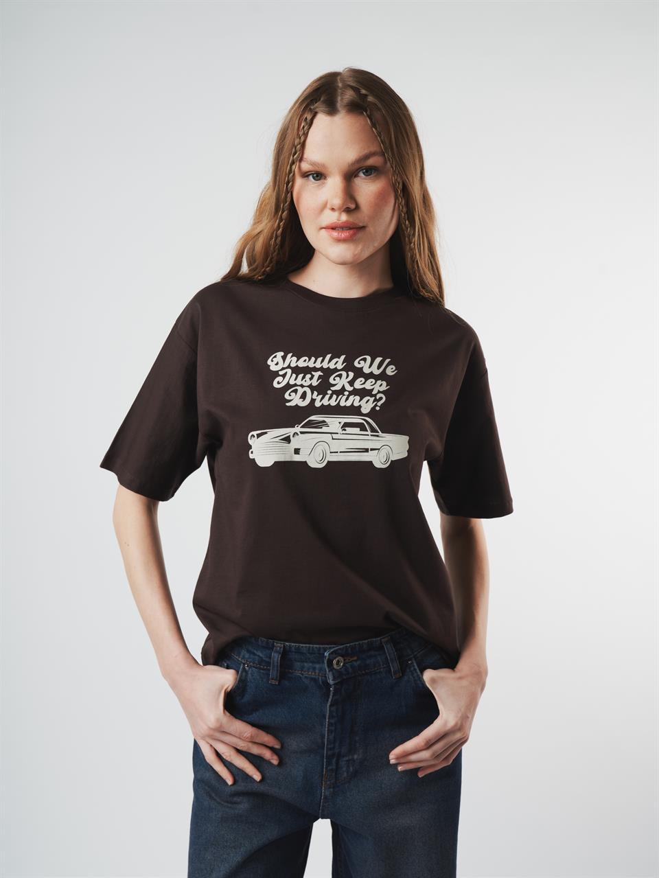 Baskılı Kısa Kol T-shirt Kahve