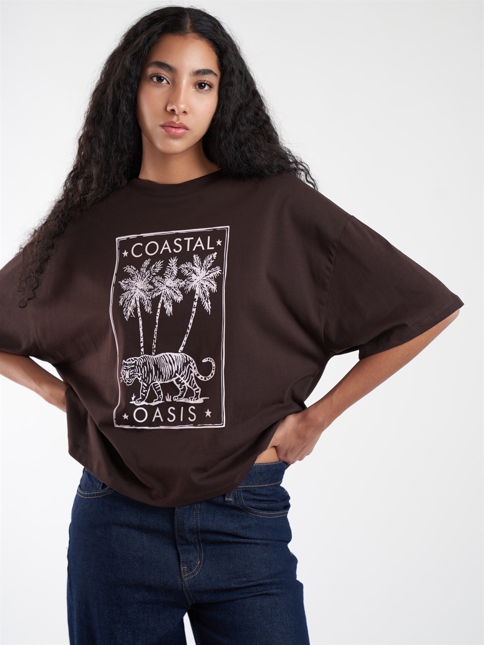 Baskılı Kısa Kol T-shirt Kahve