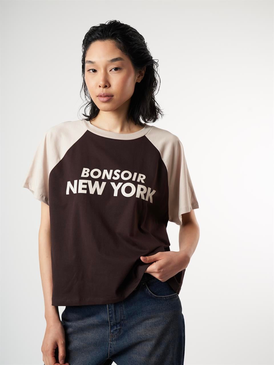 Baskılı Kısa Kol T-shirt Kahve-Taş