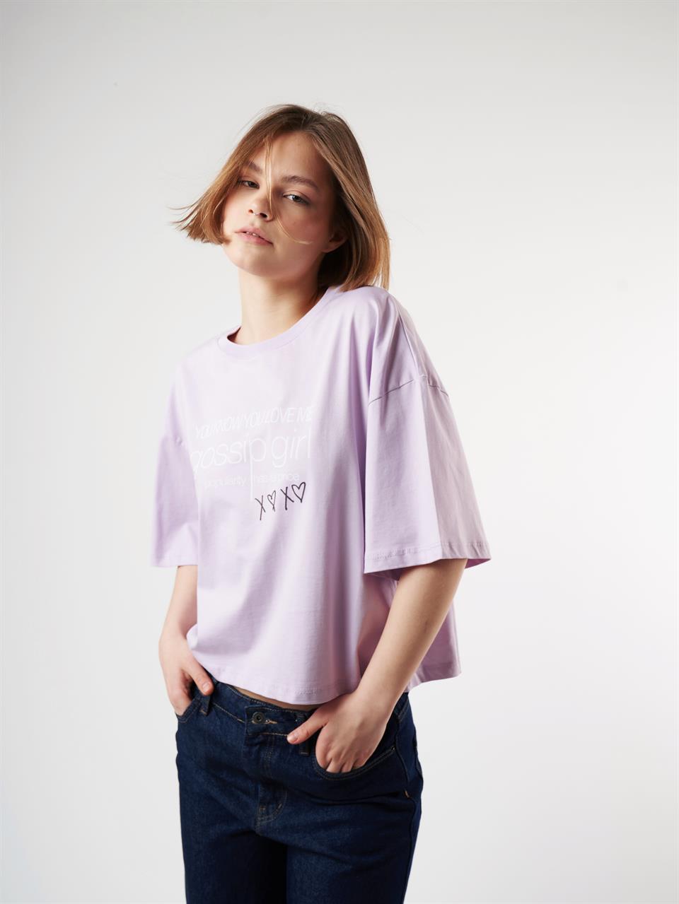 Baskılı Kısa Kol T-shirt Lila