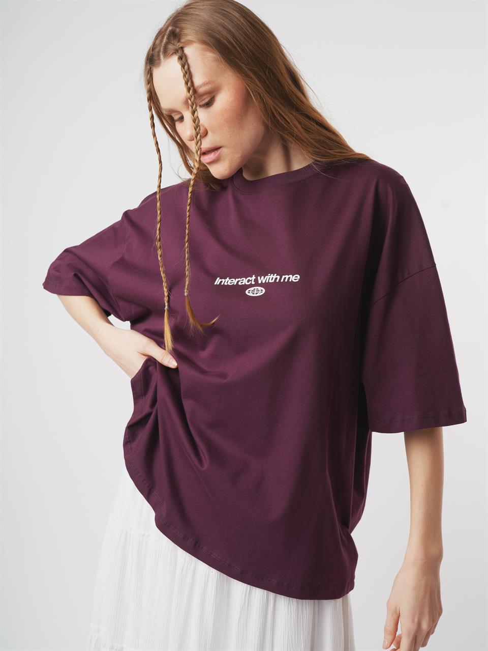 Baskılı Kısa Kol Oversize T-shirt Mürdüm