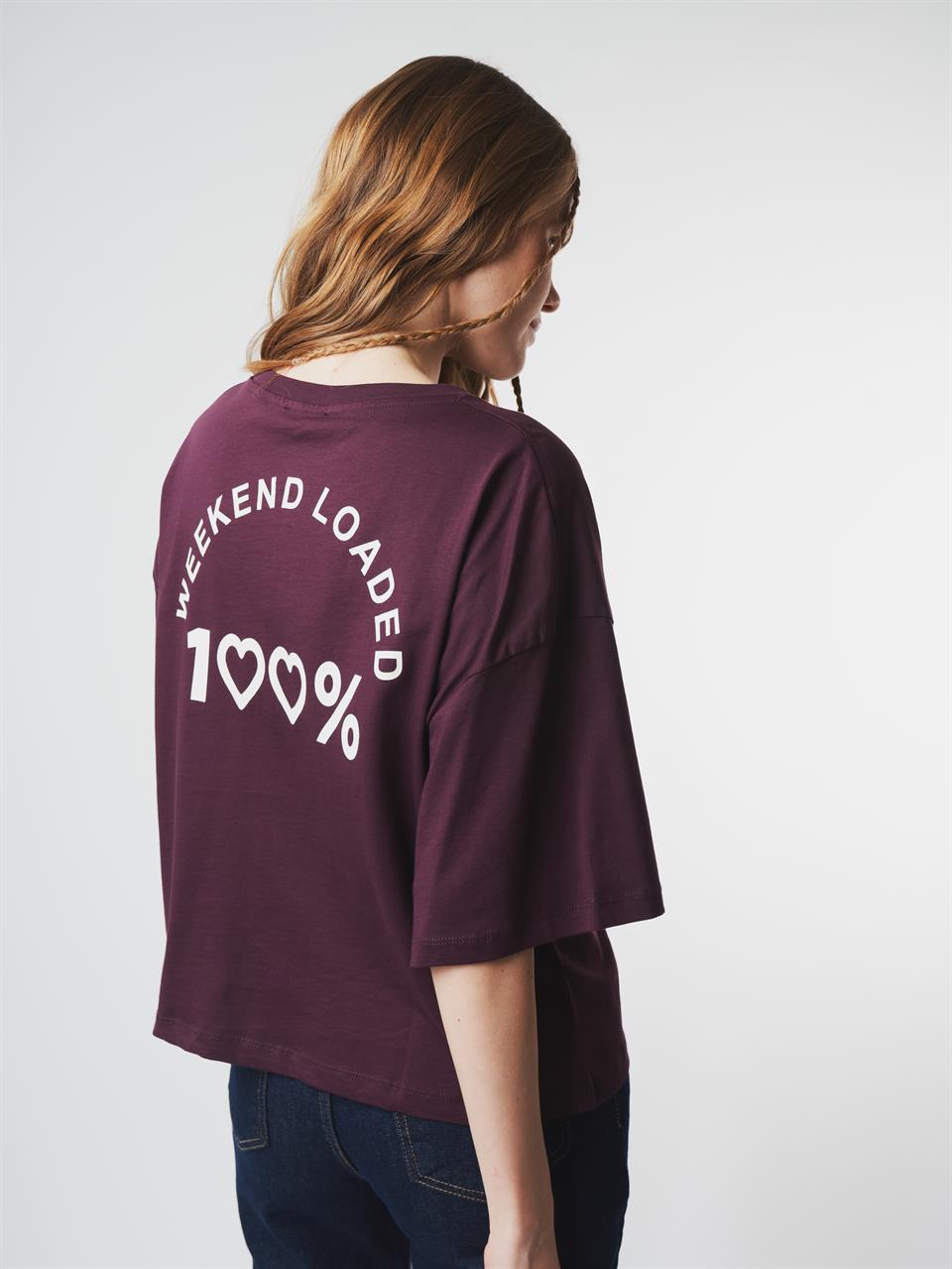 Baskılı Kısa Kol T-shirt Mürdüm