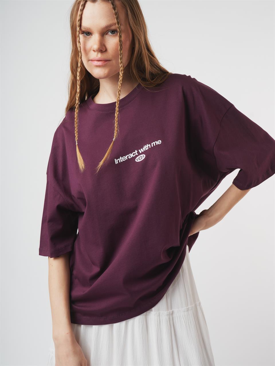 Baskılı Kısa Kol Oversize T-shirt Mürdüm