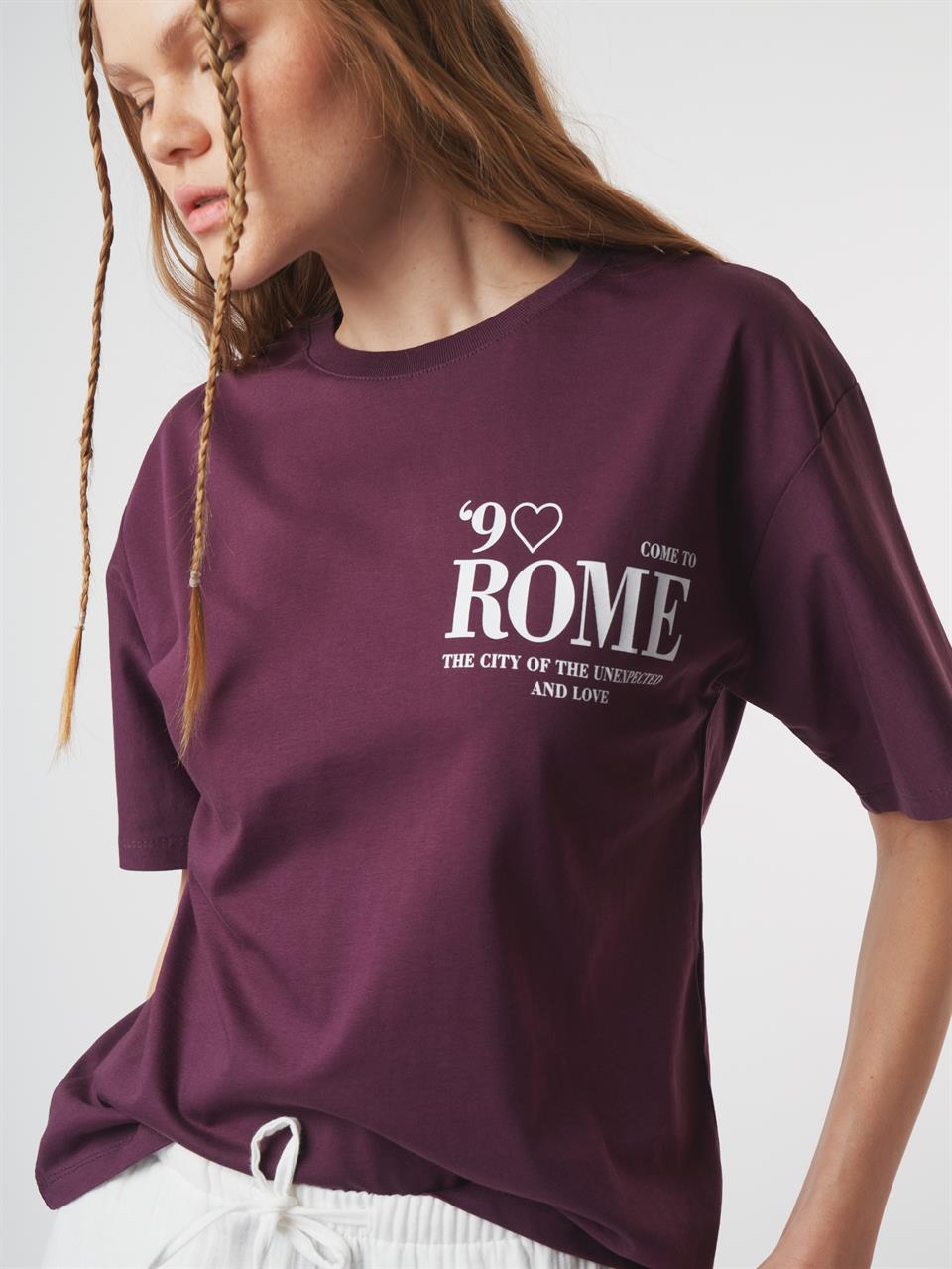Baskılı Kısa Kol T-shirt Mürdüm