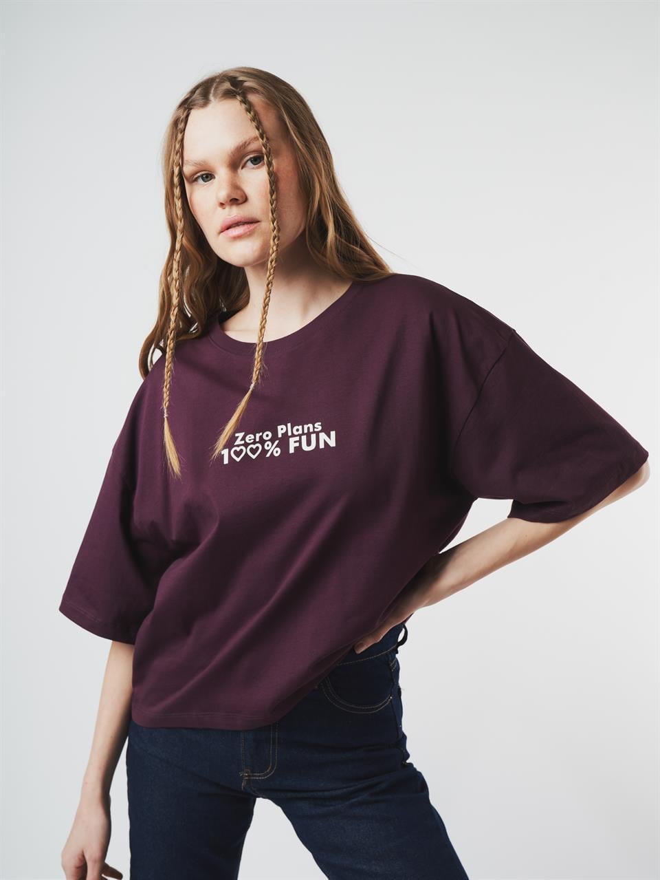 Baskılı Kısa Kol T-shirt Mürdüm