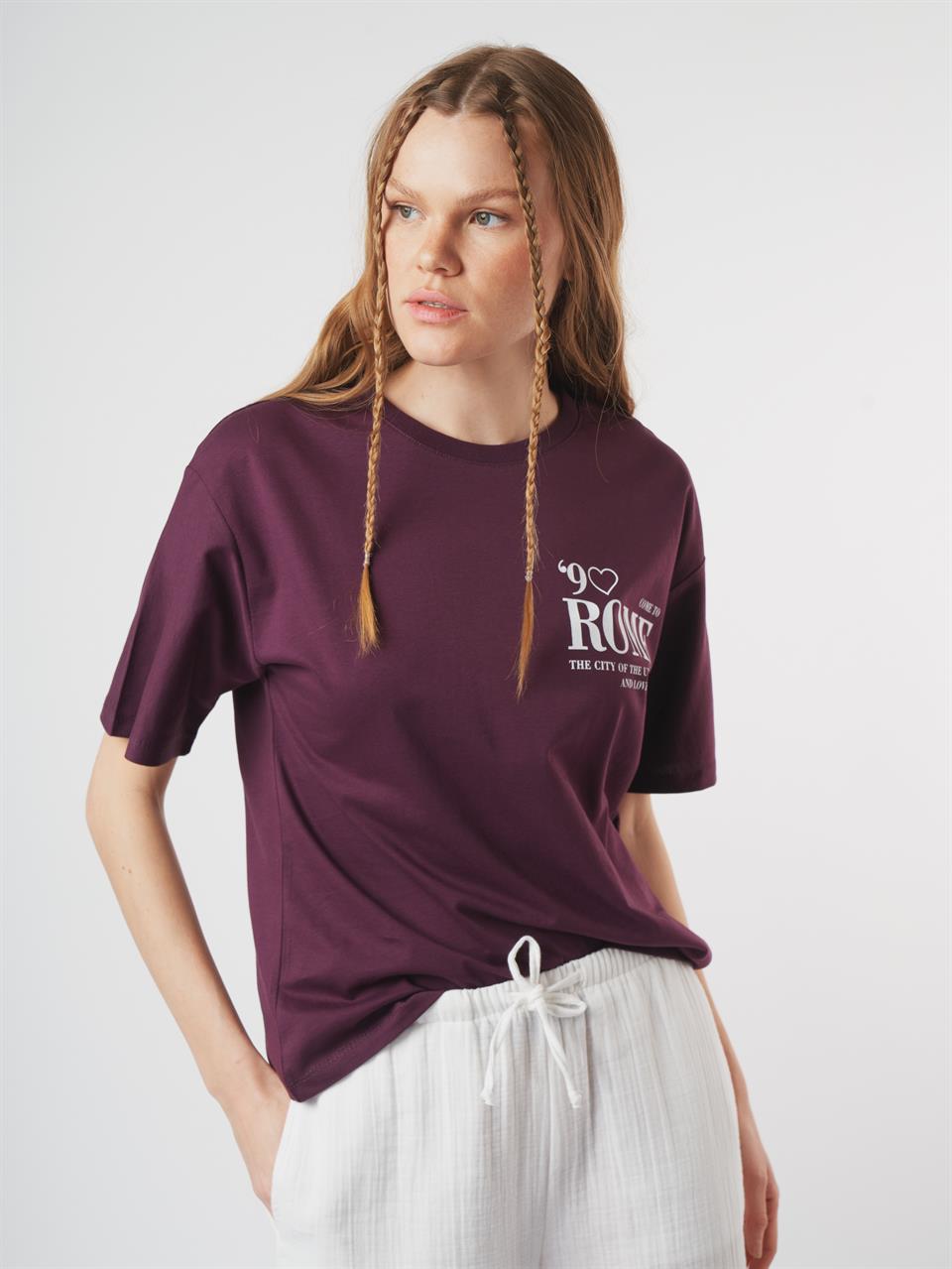 Baskılı Kısa Kol T-shirt Mürdüm